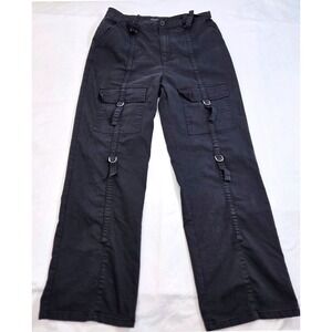 Chocolate USA Black Wide Leg Cargo Pants D-Ring Straps High‎ Rise W32 L29 Y2K LG